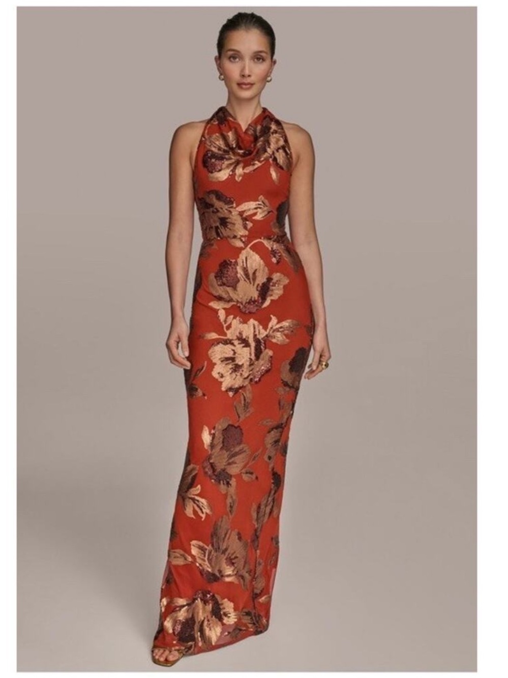 Donna Karan New York Floral Sequined Sleeveless Cowlneck Gown - Picture 2 of 8